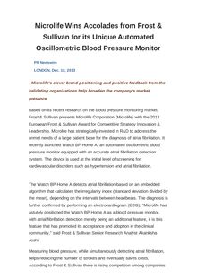 Microlife Wins Accolades from Frost & Sullivan for its Unique Automated Oscillometric Blood Pressure Monitor