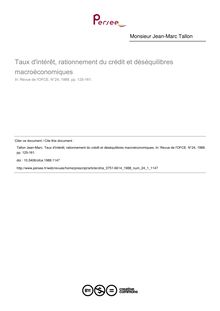 Taux d intérêt, rationnement du crédit et déséquilibres macroéconomiques - article ; n°1 ; vol.24, pg 125-161
