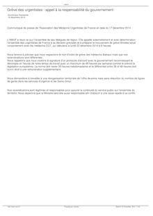 Grève des médecins urgentistes : Communiqué de presse de l'Association des Médecins Urgentistes de France en date du 17 décembre 2014            Grève des médecins urgentistes : Communiqué de presse de l'Association des Médecins de France