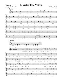 Partition ténor enregistrement  1, Mass pour Five voix, Byrd, William