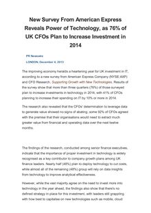 New Survey From American Express Reveals Power of Technology, as 76% of UK CFOs Plan to Increase Investment in 2014