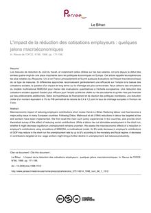 L impact de la réduction des cotisations employeurs : quelques jalons macroéconomiques - article ; n°1 ; vol.66, pg 171-198