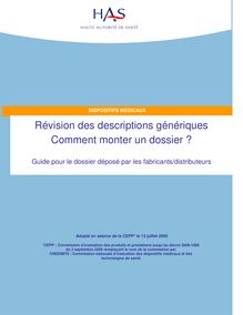 Modalités pratiques de dépôt d un dossier auprès de la CNEDiMTS - Guide de dépôt de dossiers pour révision de descriptions génériques
