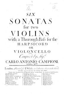 Partition Continuo, 6 Trio sonates, Six sonatas for two violins with a thorough bass for the harpsichord or violoncello