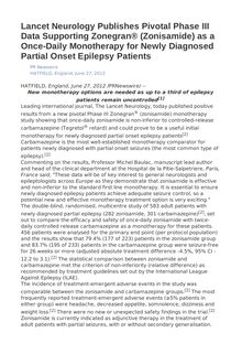 Lancet Neurology Publishes Pivotal Phase III Data Supporting Zonegran® (Zonisamide) as a Once-Daily Monotherapy for Newly Diagnosed Partial Onset Epilepsy Patients