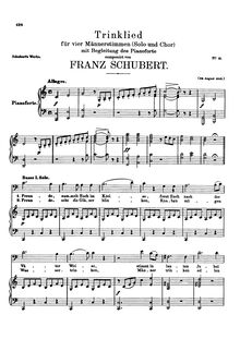 Partition complète, Trinklied, D.75, Drinking Song, Schubert, Franz