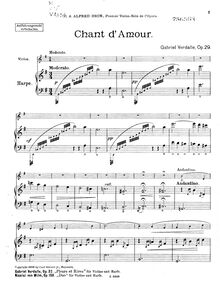Partition complète, Chant d Amour, Op.29, G Major, Verdalle, Gabriel
