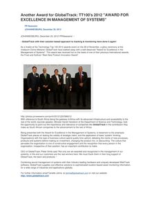 Another Award for GlobalTrack: TT100 s 2012 "AWARD FOR EXCELLENCE IN MANAGEMENT OF SYSTEMS"