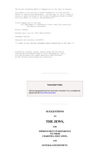 Suggestions to the Jews - for improvement in reference to their charities, education, - and general government