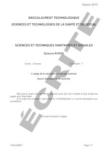 Sciences et techniques sanitaires et sociales (écrit) 2010 S.T.2.S (Sciences et technologies de la santé et du social) Baccalauréat technologique