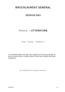 Baccalaureat 2003 litterature litteraire pondichery