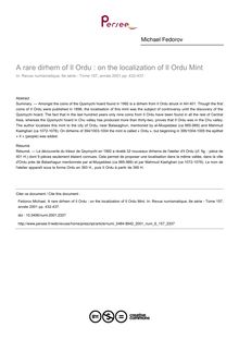 A rare dirhem of Il Ordu : on the localization of Il Ordu Mint - article ; n°157 ; vol.6, pg 432-437