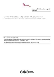 Étienne Dolet (1509-1546), Cahiers V.L. Saulnier n° 3  ; n°1 ; vol.23, pg 78-81