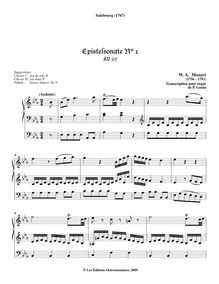 Partition , Andante, église Sonata No.1, Sonate für zwei Violinen und Orgel oder Bass - Epistelsonate No 1