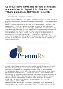 Le gouvernement français accepte de financer une étude sur le dispositif de réduction du volume pulmonaire RePneu de PneumRx