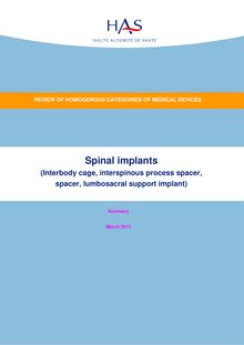 Evaluation des implants du rachis (cage intersomatique, cale métallique interépineuse, coussinet, implant d’appui sacré) - Summary Spinal implants