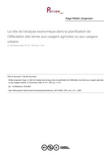 Le rôle de l analyse économique dans la planification de l affectation des terres aux usagers agricoles ou aux usagers urbains - article ; n°1 ; vol.131, pg 11-18