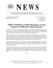 TDHCA Schedules 11 Public Hearings to Accept Comment on 2003 QAP, Other Programs