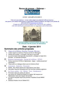 Revue de presse « Défense » Date : 4 janvier 2011 Sommaire des ...