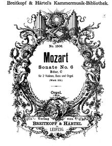 Partition orgue (realization), église Sonata No.6, B♭ major, Mozart, Wolfgang Amadeus