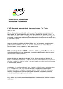 Dopage : l UCI demande le retrait de la licence d Astana