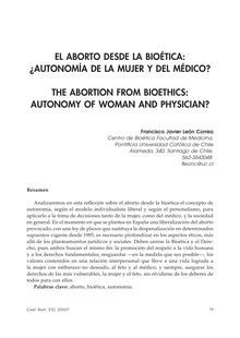 El Aborto desde la Bioética: ¿Autonomía de la Mujer y del Médico? (The Abortion from Bioethics: Autonomy of Woman and Physician?)