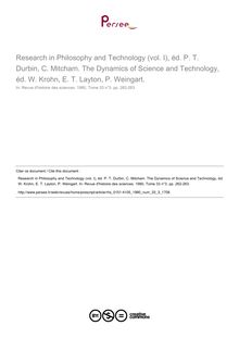 Research in Philosophy and Technology (vol. I), éd. P. T. Durbin, C. Mitcham. The Dynamics of Science and Technology, éd. W. Krohn, E. T. Layton, P. Weingart.  ; n°3 ; vol.33, pg 262-263
