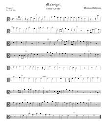Partition ténor viole de gambe 1, alto clef, pour First Set of anglais Madrigales to 3, 4, 5 et 6 voix