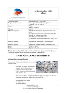 Le lancement du Vélib' à Paris FICHE PÉDAGOGIQUE (PROFESSEUR)