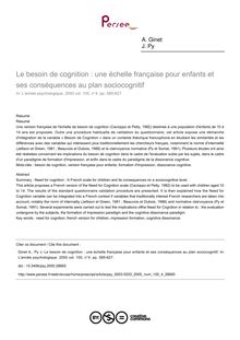 Le besoin de cognition : une échelle française pour enfants et ses conséquences au plan sociocognitif - article ; n°4 ; vol.100, pg 585-627
