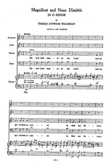 Partition complète, Evening Service, D minor, Walmisley, Thomas Attwood