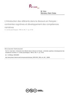 L introduction des référents dans le discours en français : contraintes cognitives et développement des compétences narratives - article ; n°1 ; vol.98, pg 37-59