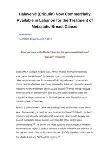 Halaven® (Eribulin) Now Commercially Available in Lebanon for the Treatment of Metastatic Breast Cancer