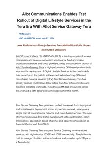 Allot Communications Enables Fast Rollout of Digital Lifestyle Services in the Tera Era With Allot Service Gateway Tera