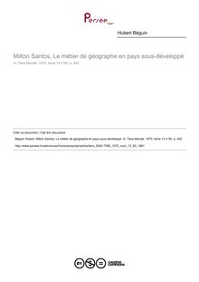 Milton Santos, Le métier de géographe en pays sous-développé  ; n°50 ; vol.13, pg 452-452