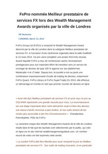 FxPro nommée Meilleur prestataire de services FX lors des Wealth Management Awards organisés par la ville de Londres