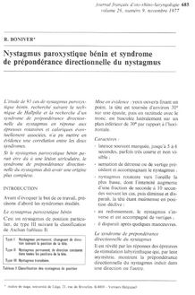 NYSTAGMUS PAROXYSTIQUE BENIN ET SYNDROME DE PREPONDERANCE DIRECTIONNELLE DU NYSTAGMUS (1977)