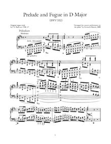 Partition complète, Prelude et Fugue en D major, BWV 532, D major par Johann Sebastian Bach
