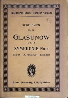 Partition couverture couleur, Symphony No.4, Op.48, Glazunov, Aleksandr