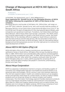 Change of Management at HOYA Hill Optics in South Africa