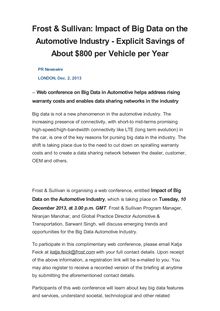 Frost & Sullivan: Impact of Big Data on the Automotive Industry - Explicit Savings of About $800 per Vehicle per Year