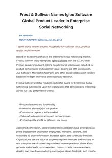 Frost & Sullivan Names Igloo Software Global Product Leader in Enterprise Social Networking