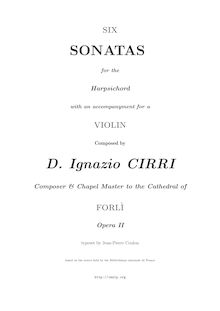 Partition complète, 6 sonates pour clavecin et violon, Six Sonatas for the Harspischord with an accompanyment for a Violin
