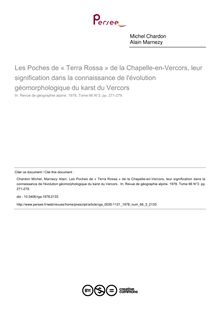 Les Poches de « Terra Rossa » de la Chapelle-en-Vercors, leur signification dans la connaissance de l évolution géomorphologique du karst du Vercors  - article ; n°3 ; vol.66, pg 271-279