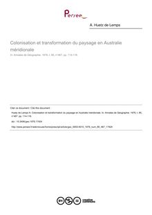 Colonisation et transformation du paysage en Australie méridionale - article ; n°467 ; vol.85, pg 114-116