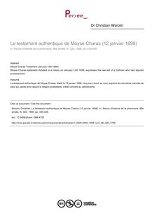 Le testament authentique de Moyse Charas (12 janvier 1698) - article ; n°320 ; vol.86, pg 435-438