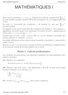Mathématiques 1 2004 Classe Prepa PC Concours Centrale-Supélec
