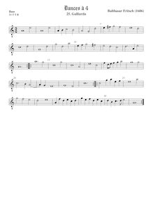 Partition viole de basse, octave aigu clef, pavanes et Galliards à 4 par Balthasar Fritsch