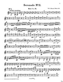 Partition cor 1 (en E♭), Serenade, Serenade No.11 ; Serenade for Winds