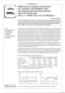 Immatriculations de véhicules de janvier à septembre 96 : les ventes de voitures neuves ont été stimulées par la "prime qualité automobile".